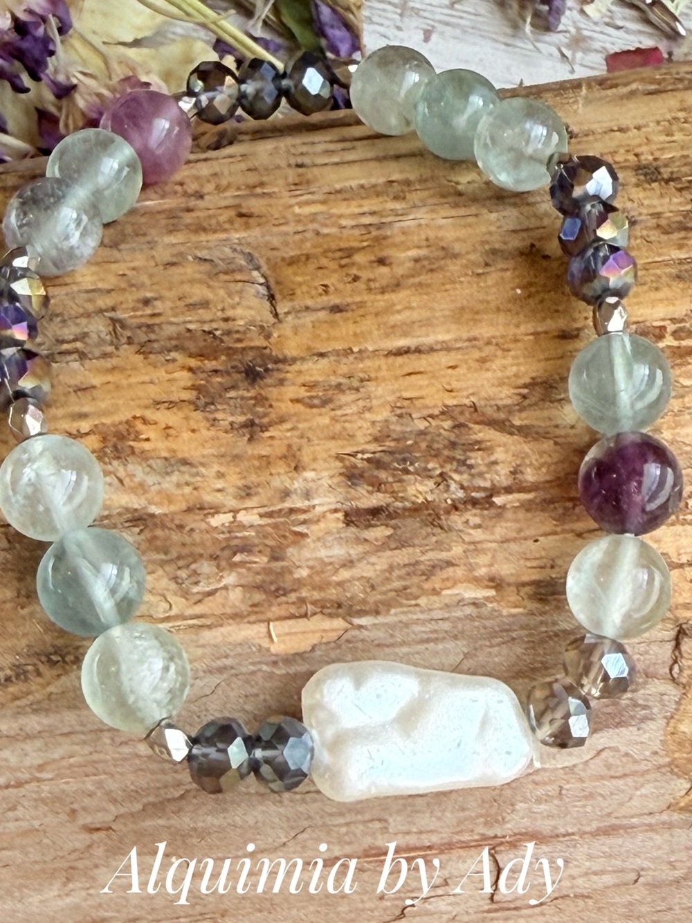 Fluorite Green, Purple and Pearl Accent Stretch Bracelet